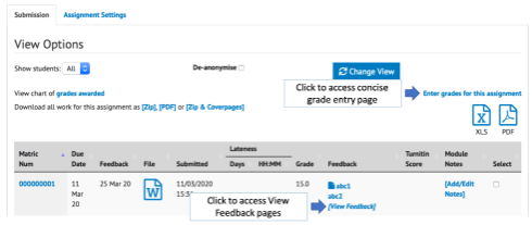 An example of the Assignment Overview with tags to the Concise grade entry and View Feedback pages